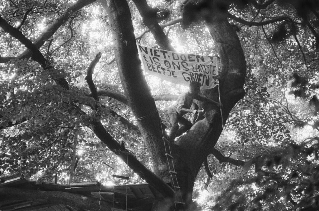 Actievoerder in boom tijdens demonstratie Amelisweerd (1982) - Nationaal Archief